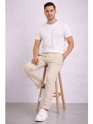 Freedom Storee Erkek Diagonel Mikro Dokulu Duble Paça Cepli Pantolon Bağcıklı Bel, Modern Kesim - Krem
