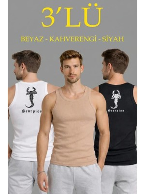 Freedom Storee Erkek Spor Fitilli Atlet 3lü Set Beyaz, Siyah ve Kahverengi Slim Fit Kaşkorse Arka Baskılı Spor Atlet