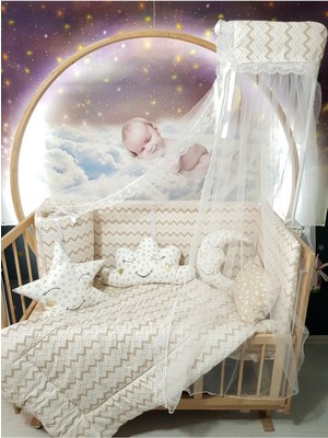 Özgürce 70X130 Bebek Uyku Seti, Cibinlik ve Aparat, Kahverengi Zigzag Yıldız Deseni