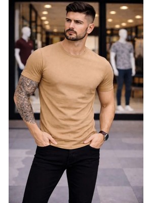 Freedom Storee Erkek T-Shirt Bisiklet Yaka Slim Fit Dar Kesim Likralı Tişört Günlük Basic Body - Kahverengi