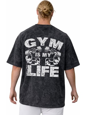 Sevbano Gym Is My Life Yazılı Gym Bodybuilding Fitness Baskılı Unisex Oversize Vintage Yıkamalı Tişört