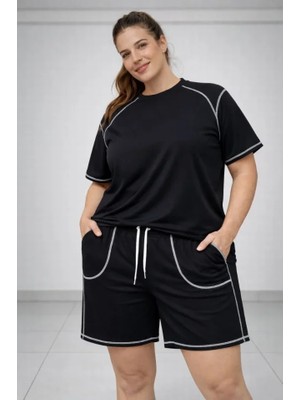 Freedom Storee Battal Beden Kısa Kollu Tişört Şort Takım Kontrast Dikiş Detaylı Günlük Ev Giyimi - Siyah
