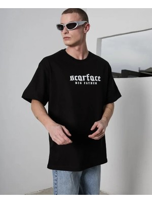 Freedom Storee Unisex Bisiklet Yaka Baskılı Oversize T-Shirt - Siyah