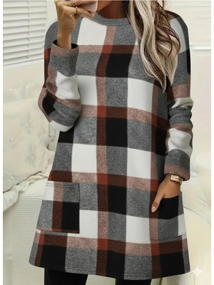 Freedom Storee Kadın Uzun Kollu Yarı Balıkçı Yakalı Cep Detaylı Ekoseli Dokuma Tunik