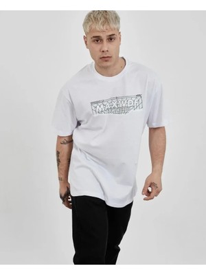 Freedom Storee Unisex Bisiklet Yaka Baskılı Oversize T-Shirt - Beyaz