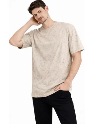 Freedom Storee Erkek Asit Yıkama Bisiklet Yaka Kısa Kollu Oversize T-Shirt Tişört - Bej