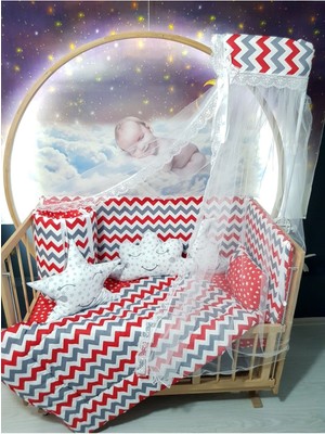 Özgürce 70X130 Bebek Uyku Seti, Cibinlik ve Aparat, Kırmızı Zigzag Yıldız Deseni