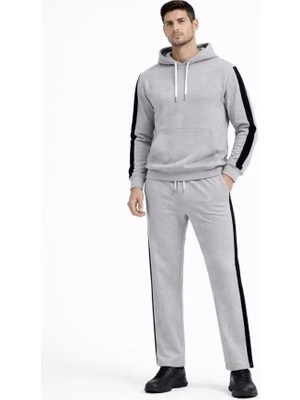 Freedom Storee Erkek Şeritli Eşofman Takım Kapüşonlu Sweatshirt Boru Paça Alt, Oversize 3 Iplik Pamuklu - Gri