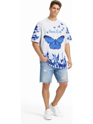 Freedom Storee Erkek Asit Yıkamalı Oversize Tişört Mavi Kelebek Baskılı Dijital Print Bisiklet Yaka Streetwear T-Shirt - Beyaz