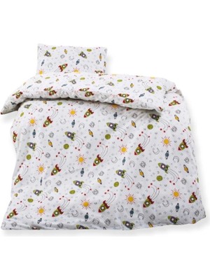 Özgürce Çocuk Yatak Takımı, Uzay Roket Desenli, Pamuklu, 50X90, Yatak ve Yorgan Seti