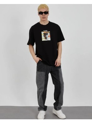 Freedom Storee Unisex Bisiklet Yaka Baskılı Oversize T-Shirt - Siyah