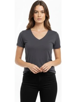 Freedom Storee T-Shirt V Yaka Slim Fit Likralı Tişört Günlük Basic Body - Füme