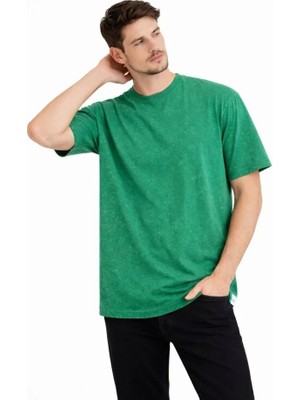 Freedom Storee Erkek Asit Yıkama Bisiklet Yaka Kısa Kollu Oversize T-Shirt Tişört - Yeşil