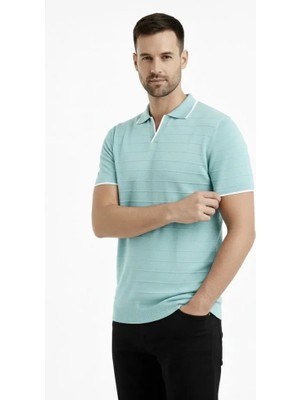 Freedom Storee Erkek Triko Kumaş Yakalı Düğmesiz Açık Yaka Fitilli Kısa Kollu Regular Fit Tişört T-Shirt - Mint Yeşili