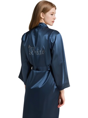 MTM My The Mall Lacivert Saten Bride Sabahlık Zarif Kadın Ev Giyim