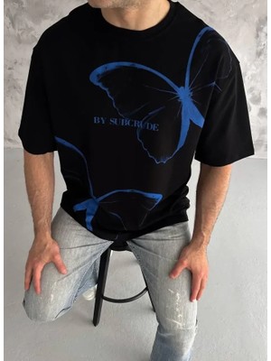 Freedom Storee Unisex Bisiklet Yaka Baskılı Oversize T-Shirt - Siyah