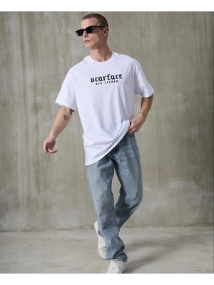 Freedom Storee Unisex Bisiklet Yaka Baskılı Oversize T-Shirt - Beyaz