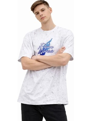 Freedom Storee Erkek Asit Yıkamalı Oversize Tişört Future Worlds Baskılı Bisiklet Yaka Kısa Kollu Streetwear %100 Pamuk Street Style T-Shirt - Beyaz