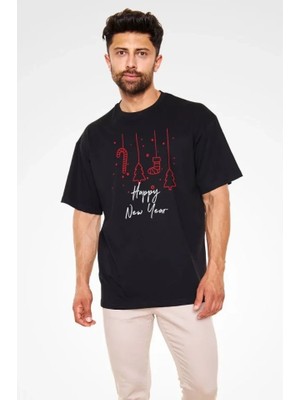 Freedom Storee Unisex Bisiklet Yaka Baskılı Oversize T-Shirt - Siyah