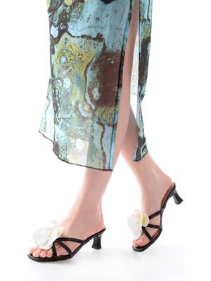 Freedom Storee S-622 Siyah Orkide Detaylı Ince Topuklu Kadın Terlik