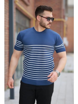 Freedom Storee Erkek Çizgi Desenli Bisiklet Yaka Kısa Kollu T-Sihrt