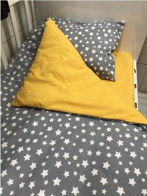 Özgürce Pamuklu Bebek/çocuk Yastık Çarşaf Yorgan Seti, Yıldız Desenli, Hardal ve Kayısı Renkli