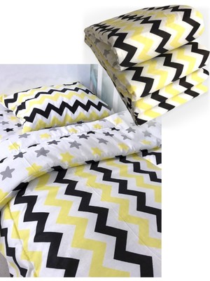 Özgürce Pamuklu 80X130 Beşik Kenar Koruma Uyku Seti Sarı Siyah Zikzaklı (7 Parça)