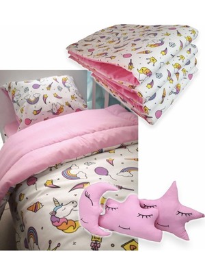 Özgürce Yumuşak ve Şık 70X140 cm Pamuklu Beşik Uyku Seti, Unicorn Temalı, 10 Parça