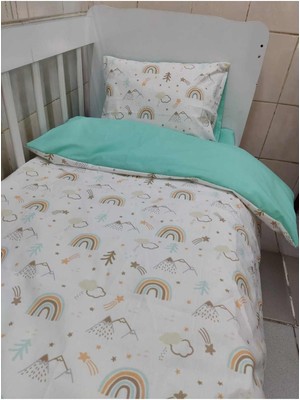 Özgürce Pamuklu Bebek Çocuk 60X120 Beşik Yastık Çarşaf Yorgan Seti Kahverengi Gökkuşağı