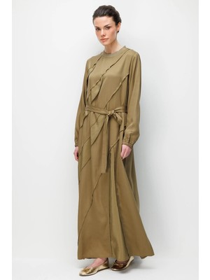 Micca %100 Doğal Lyocell Dökümlü Soft Hissiyat Ara Aller Volan Detaylı Maxi Elbise-Haki