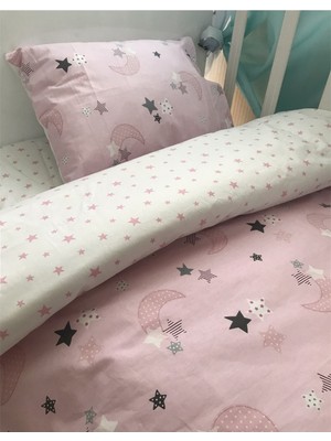 Özgürce Pembe Ay Yıldız 70X130%100 Pamuk Bebek & Çocuk Yastık, Çarşaf, Yorgan Seti