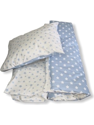 Özgürce Mavi Beyaz Yıldızlı Pamuklu Bebek Yastık ve Çarşaf Seti 70X130