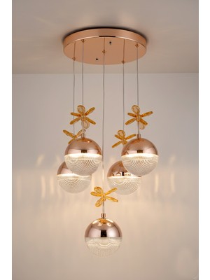 TERRA lighting Rosali Kristal 5 Toplu LED Avize, 3 Renk Yanabilen LED Avize, 5 Toplu Salon LED Avize, Salon Sarkıt Avize