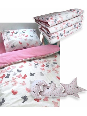 Özgürce Yumuşak Pamuklu 50X90 Beşik Uyku Seti Pembe Kelebekli 10 Parça