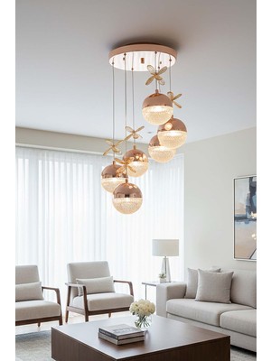 TERRA lighting Rosali Kristal 6 Toplu LED Avize, 3 Renk Yanabilen LED Avize, 6 Toplu Salon LED Avize, Salon Sarkıt Avize