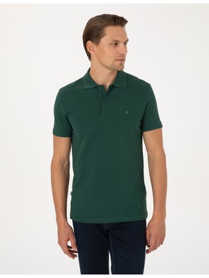 Pierre Cardin Erkek Koyu Yeşil Slim Fit %100 Pamuk Kıvrılmaz Düğmeli Polo Yaka Basic Tişört 50325323-VR079