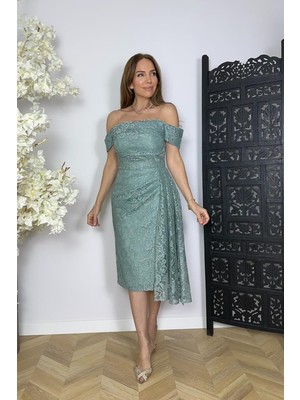 G1754 Drape Detaylı Dantel Tasarım Elbise Mint