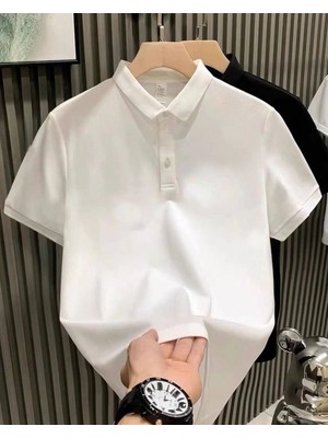 Nemere Yakası Düğmeli Yakalı Pike Düz T-Shirt - Beyaz