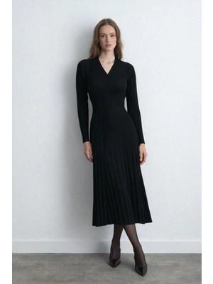 Gusto Triko Fitilli Yün Elbise - Siyah