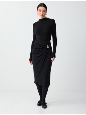 Jimmy Key Siyah Metal Detaylı Yüksek Bel Örme Midi Etek