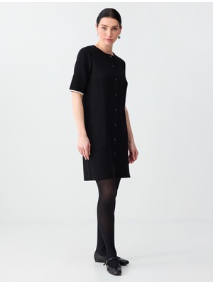 Jimmy Key Siyah Bisiklet Yaka Dirsek Kol Mini Triko Elbise