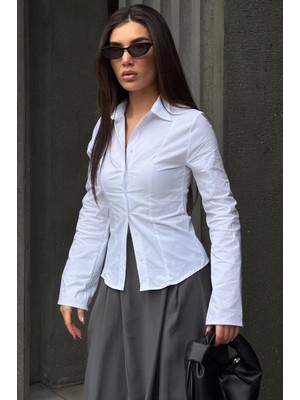 Madmext Beyaz Vücuda Oturan Slim Fit Kadın Gömlek MG2659