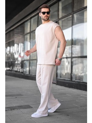 Madmext Taş Rengi Kolsuz Erkek Tişört Eşofman Takımı E7354