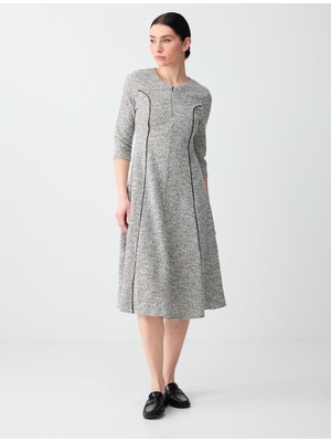 Jimmy Key Gri Melanj Dar Kesim Bisiklet Yaka Uzun Kollu Jakarlı Midi Elbise