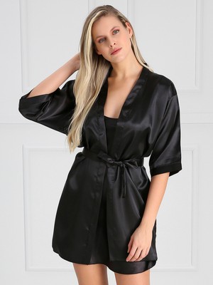 Miorre Kadın Saten Sabahlık Şık Tasarım Siyah Renk Yumuşak Dokulu Konforlu Giyim