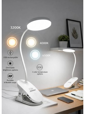 CM Mandallı Şarjlı LED Lamba 3 Işık Rengi (3200K/4000K/6500K) USB Şarjlı Taşınabilir Led Lamba