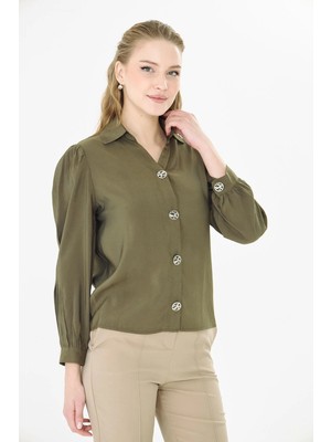 Sortie Collection Kadın Büzgülü V Yaka Haki Renk Modal Gömlek