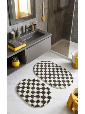 Eurobano Chess Dama Desenli 2'li Oval Bohem Banyo Paspası Lateks Kaymaz Makinede Yıkanabilir 60X100 60X50 cm
