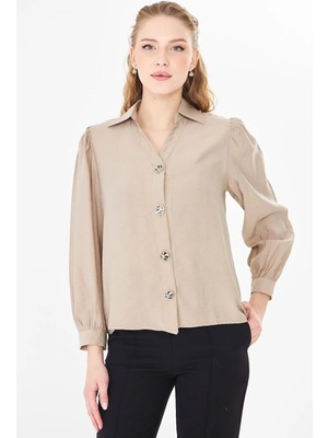 Sortie Collection Kadın Büzgülü V Yaka Bej Renk Modal Gömlek
