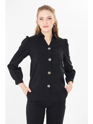 Sortie Collection Kadın Büzgülü V Yaka Siyah Renk Modal Gömlek